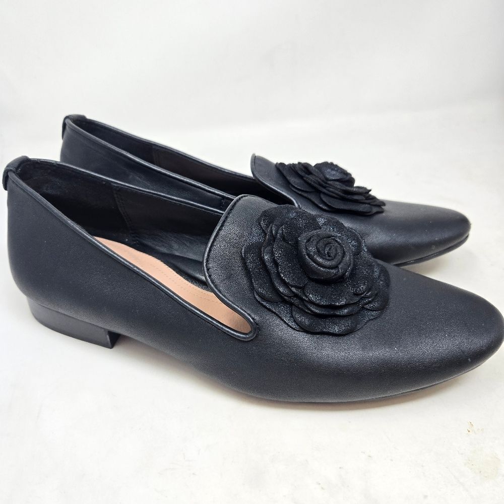 TARYN ROSE‎ Brayden Elegant Black Leather Floral Women's Loafers Size 8B